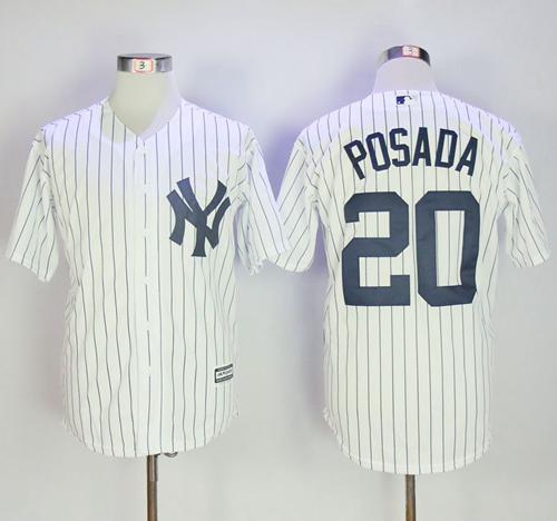 Yankees #20 Jorge Posada White Strip New Cool Base Stitched MLB Jersey - Click Image to Close